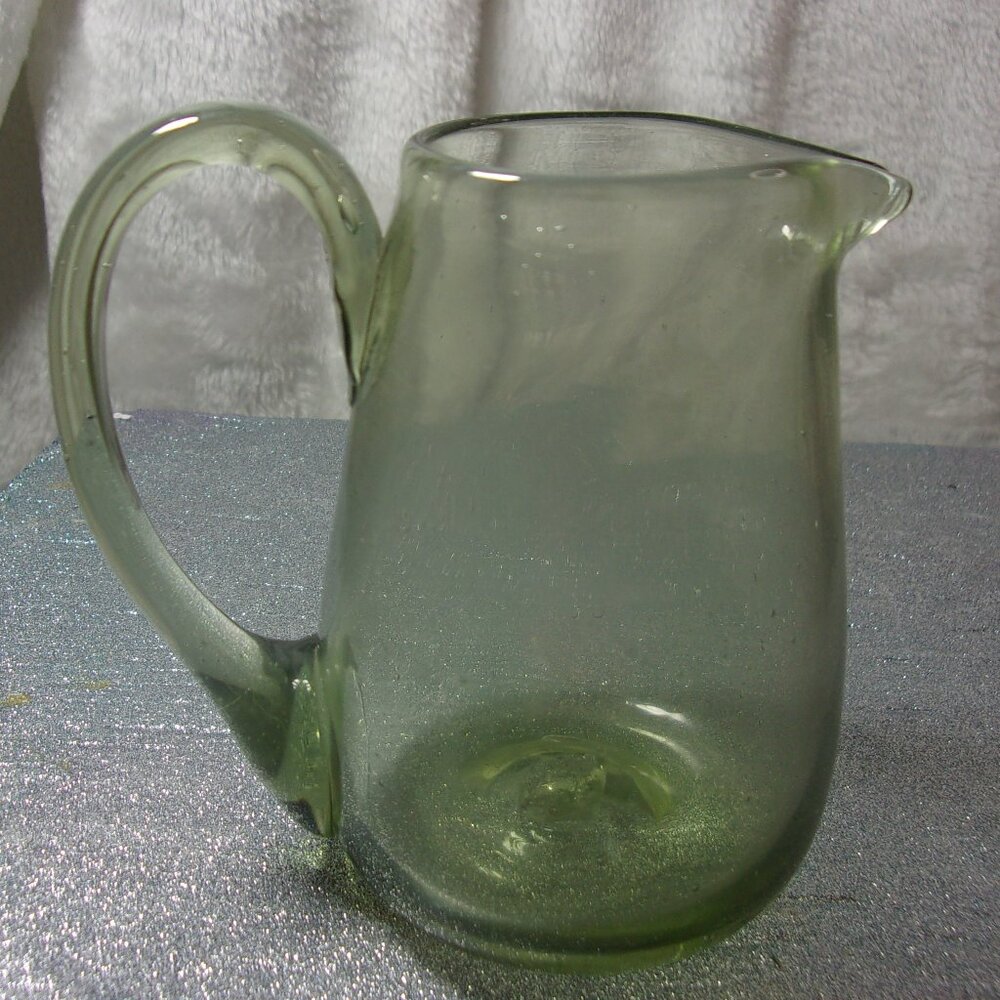 H-187 HAND BLOWN GREEN GLASS CREAMER PITCHER